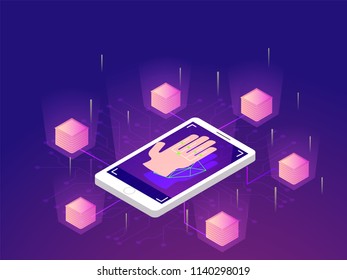 Futuristic smartphone unlock technology through fingerprint scanner for data protection concept. Isometric design, smartphone connected with multiple blocks or servers.