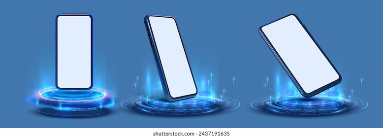 Futuristic Smartphones with Interactive Interface Display. Modern smartphones depicted in various angles with a dynamic, glowing interface, symbolizing cutting-edge technology. Vector illustration