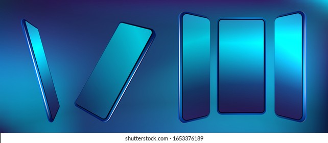 Futuristic smartphones set at different angles. Blue color mockups. Collection mobile phones, generic device. Vector smartphones set. Realistic 3d phones template. Vector illustration