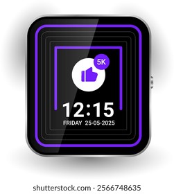 A futuristic smartwatch face featuring a bold black background, vibrant purple accents, and a notification icon with a social media like counter