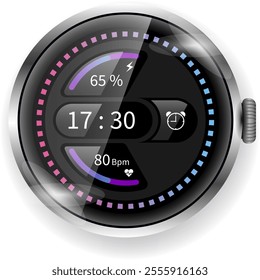 A futuristic smartwatch face featuring a sleek circular design with multicolor progress bars for battery and heart rate tracking.