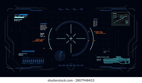 Futuristic Sniper HUD Interface with Targeting Reticle and Combat Data. Sci-fi shooter game HUD with crosshair scope, health stats, radar, minimap, hostile targets and weapon. Vector cyberpunk ui