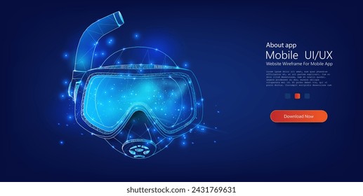 Futuristic Snorkeling Mask Design with Neon Outline. Digital illustration of a snorkeling mask with a vibrant neon wireframe on a dark background, symbolizing advanced underwater technology. Vector