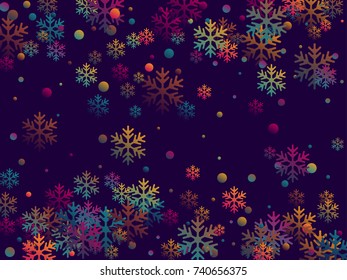 Futuristic snow flakes falling winter vector background. Snowflake elements vector illustration, colorful confetti chaotic scatter winter background for party banner, poster template.