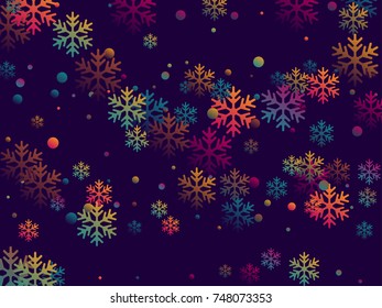 Futuristic snow flakes falling winter vector background. Snowflake elements vector illustration, colorful confetti chaotic scatter winter background for party banner, poster template.