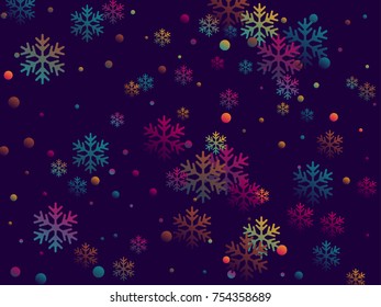 Futuristic snow flakes falling winter vector background. Snowflake elements vector illustration, colorful confetti chaotic scatter winter background for party banner, poster template.