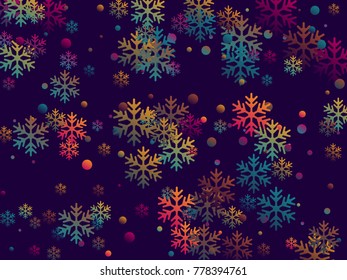 Futuristic snow flakes falling winter vector background. Snowflake elements vector illustration, colorful confetti chaotic scatter winter background for party banner, poster template.
