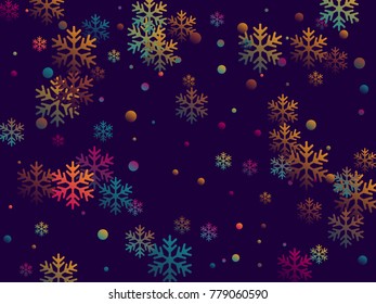 Futuristic snow flakes falling winter vector background. Snowflake elements vector illustration, colorful confetti chaotic scatter winter background for party banner, poster template.