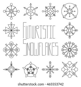 Futuristic snowflake set outlined on white background. Seasonal vector clipart for winter design, new year or christmas greeting card, wedding decoration. Modern tattoo drawings. Coloring mandala