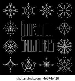 Futuristic snowflakes - white chalk on black board. Seasonal vector illustration for paper design, New Year or Christmas greeting card, wedding or party invitations. Futuristic abstract icons