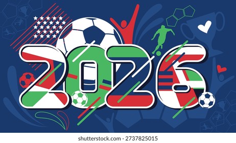 Futuristic soccer background with abstract geometric patterns and dynamic lines, Football tournament championship 2026, Vector illustration, Flat design.