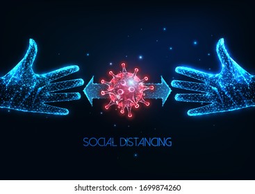 Futuristic social distancing during coronavirus pandemic concept with glowing low polygonal human hans and virus on dark blue background. Modern wire frame mesh design vector illustration. 