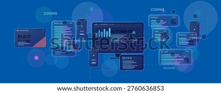 Futuristic software development workflow illustration with coding panels,  blocks, deployment status, testing modules, and automation dashboards across connected desktop and mobile interfaces.