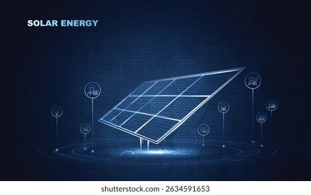 Futuristic solar panel technology concept with digital interface, clean energy, and sustainable power generation for innovation, environment, and green energy solutions. vector design.