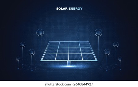 Futuristic solar panel technology concept with digital interface, clean energy, and sustainable power generation for innovation, environment, and green energy solutions. vector design.