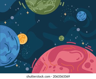 Futuristic solar system planets flat cartoon background. Vector outer space giant globes. Cosmos exploration object, celestial body cosmic sphere Jupiter Mars, Venus, Mercury. Interstellar alien world