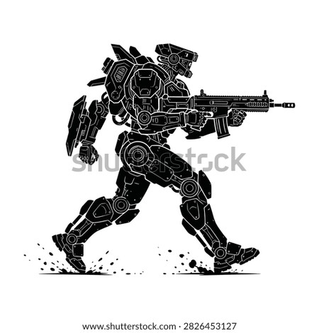 A futuristic soldier in advanced combat suit runs with rifle and backpack, evoking a sense of high-tech warfare and action.