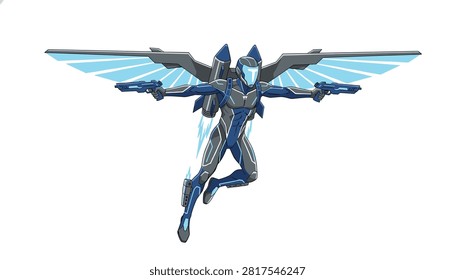 Futuristic soldier in blue tech armor wielding dual laser pistols while soaring with jet wings.