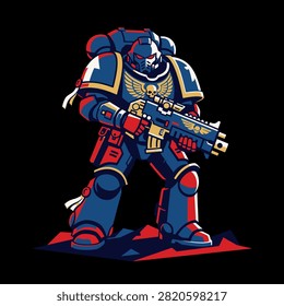 A futuristic soldier in heavy armor stands ready for battle