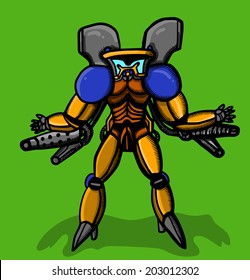 Futuristic soldier with jet-pack and guns