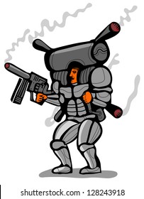 futuristic soldier with smoking jet-pack