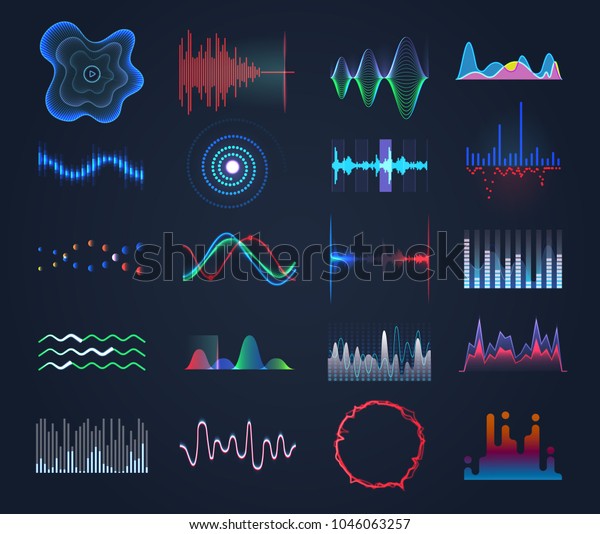 未来的なサウンドイコライザまたはオーディオ波 デジタル音楽や波形 丸い らせん状 または棒状のオーディオ周波数に対するhudエフェクトのセット 現代の技術と音楽 歌 音楽のテーマ のベクター画像素材 ロイヤリティフリー 1046063257