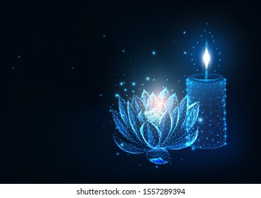 Futuristic spa, relaxation concept with glowing low polygonal lotus flower and burning candle and copy space for text on dark blue background. Modern wire frame mesh design vector illustration.