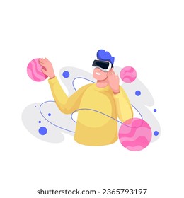 Futuristic space adventure in metaverse, VR visual experience vector illustration. Cartoon happy man with VR headset holding planets to explore universe using virtual cyberspace, augmented reality