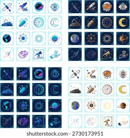 Futuristischer Raum und Astrologie Icon Set in Neon, Gold und Outline Styles
