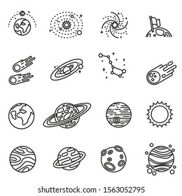 Futuristic space and astronomy icons set with white background. Thin line style stock vector.