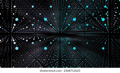 Futuristic space background with light colors particles in infinite. Vector abstract cyberspace with network connection big data. Flying moving dots in science backdrop. Technology dark dust.