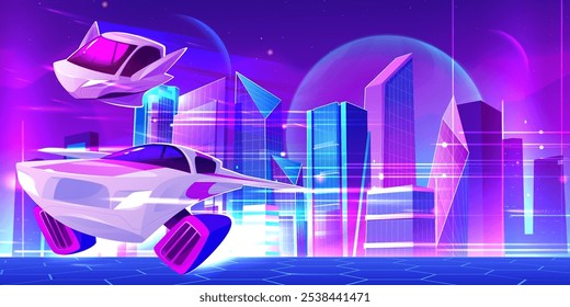 Futuristic space city background with flying aircraft. Vector cartoon illustration of metaverse cityscape with neon blue and purple skyscrapers, modern spacecraft, hexagon virtual reality landscape