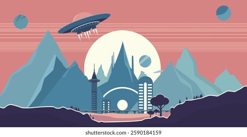 Futuristic space city landscape made in retro style. On the background of red tones you can see mountains and a fantastic city with spaceships, planets and a big star.