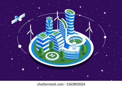 Futuristic space city vector illustration building with windmill. Modern methods of energy elaboration flat style concept. Sky with stars and satellite on background