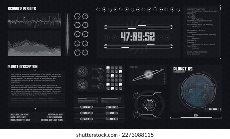 Futuristic space data scan HUD interface concept. Vector abstract spaceship technology screen of planet analysis. Innovation cyberspace background.