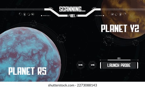 Futuristische Weltraumdaten-Scan HUD Interface-Konzept. Abstrakter Bildschirm mit abstrakter Raumfahrttechnik der Planetenanalyse. Innovation, Cyberspace-Hintergrund.