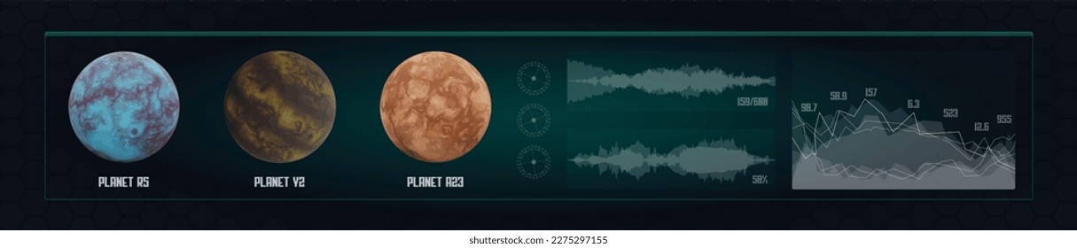 Futuristic space data scan HUD interface concept. Vector abstract spaceship technology screen of planet analysis. Innovation cyberspace background.