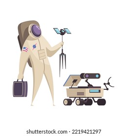 Futuristic space exploration with astronaut and robotic rover cartoon vector illustration