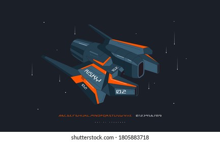 Futuristic space font and spaceship. Letters and numbers for sci-fi, military, cosmic logo and title design