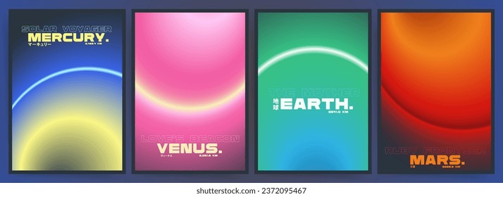 Futuristische Weltraum Gradient Poster Set. Neon Cyberpunk Galaxy und Digital Cosmos Ästhetik. Abstrakte dunkle Hintergründe mit dynamischen technischen Elementen. Vektorminimalistisches Solarsystem-Design.