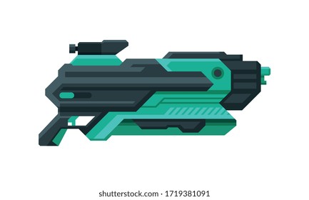 Futuristic Space Gun Blaster, Black and Green Fantastic Handgun, Raygun of Alien, Childish Pistol Vector Illustration
