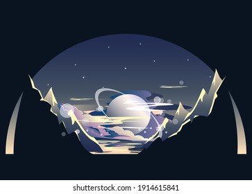 Futuristic space landscape with planet, mountains, saturn and clouds. A horizontal illustration of a fantastic landscape at night.