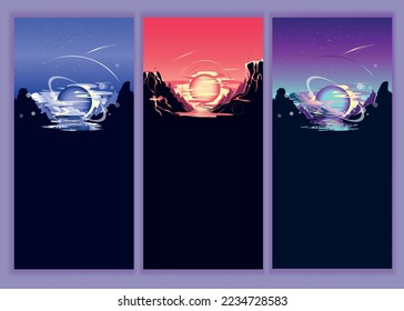 Futuristic space landscape with planet, mountains, saturn and clouds. Set of vertical vector illustrations of a fantastic landscape at night.