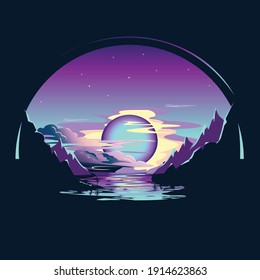 Futuristic space night landscape in lilac and blue colors with the planet in the clouds reflected in the water against the background of mountains. Horizontal vector illustration.