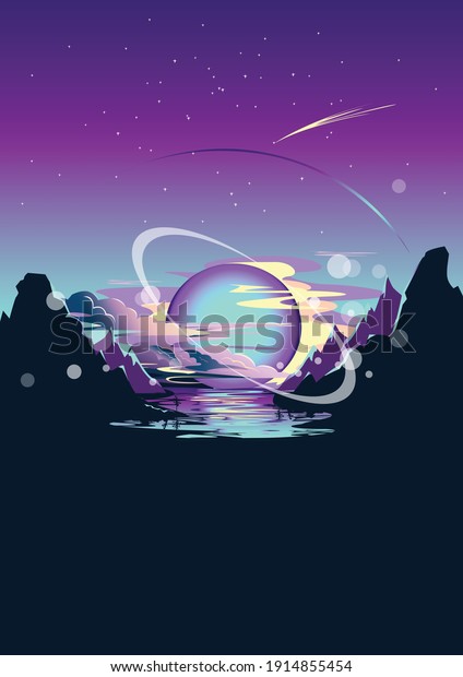 Futuristic space night landscape in lilac\
and blue colors with the planet in the clouds reflected in the\
water against the background of mountains. Vertical poster vector\
illustration.