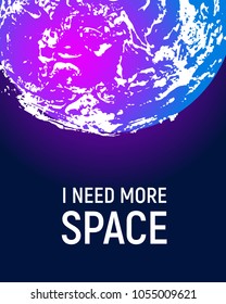 Futuristic space planet poster background. Textured cosmic celestial body in deep blue sky. Cosmic party banner template. Vector illustration.