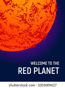 Futuristic space planet poster background. Textured cosmic celestial body in deep blue sky. Cosmic party banner template. Vector illustration. Planet Mars vector.