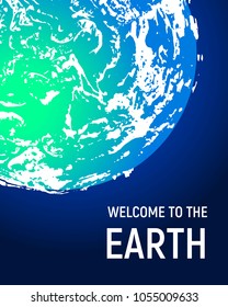 Futuristic space planet poster background. Textured cosmic celestial body in deep blue sky. Cosmic party banner template. Vector illustration. Planet Earth vector. Earth Day concept, Earth Hour.