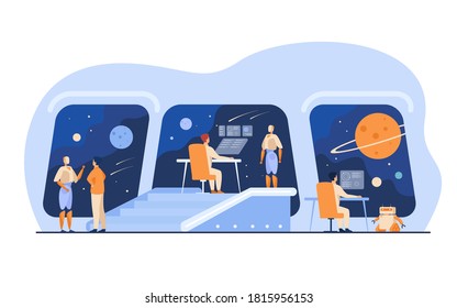 Futuristic space station interior with human and robotic crew. People and robots monitoring galaxy. For interstellar spaceship bridge, science fiction, intergalactic travel concept