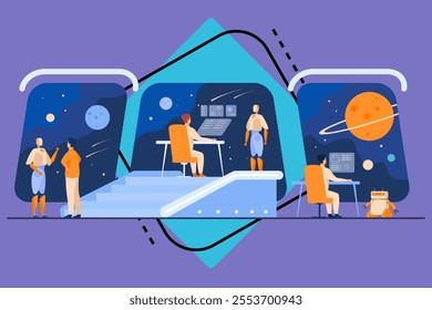 Futuristic space station interior with human and robotic crew. People and robots monitoring galaxy. For interstellar spaceship bridge, science fiction, intergalactic travel concept